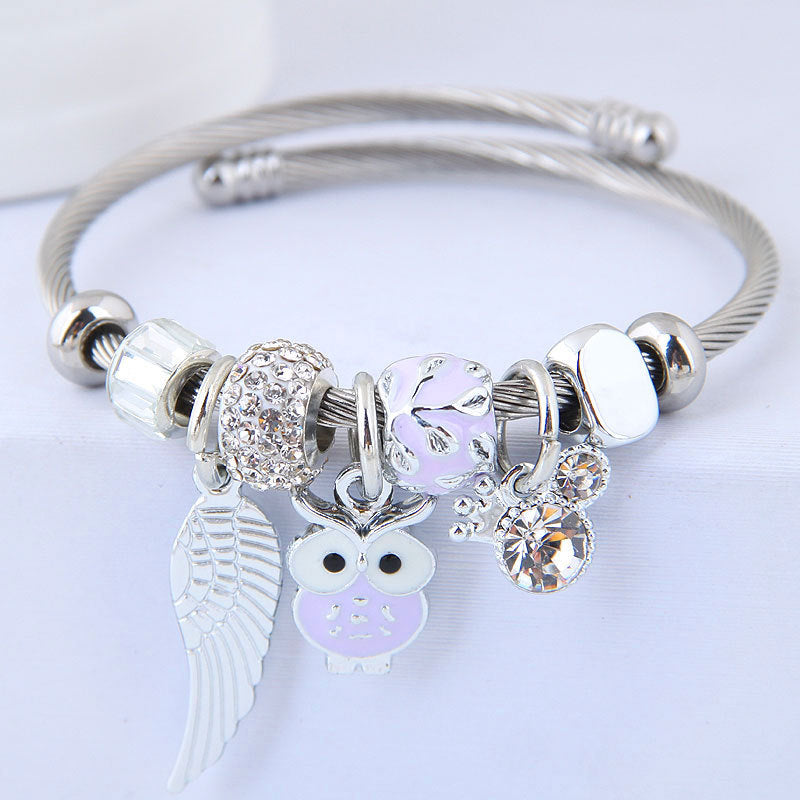 Bracelet Perlé Hibou Ailes D'ange Pendentif En Acier Inoxydable Bracelet
