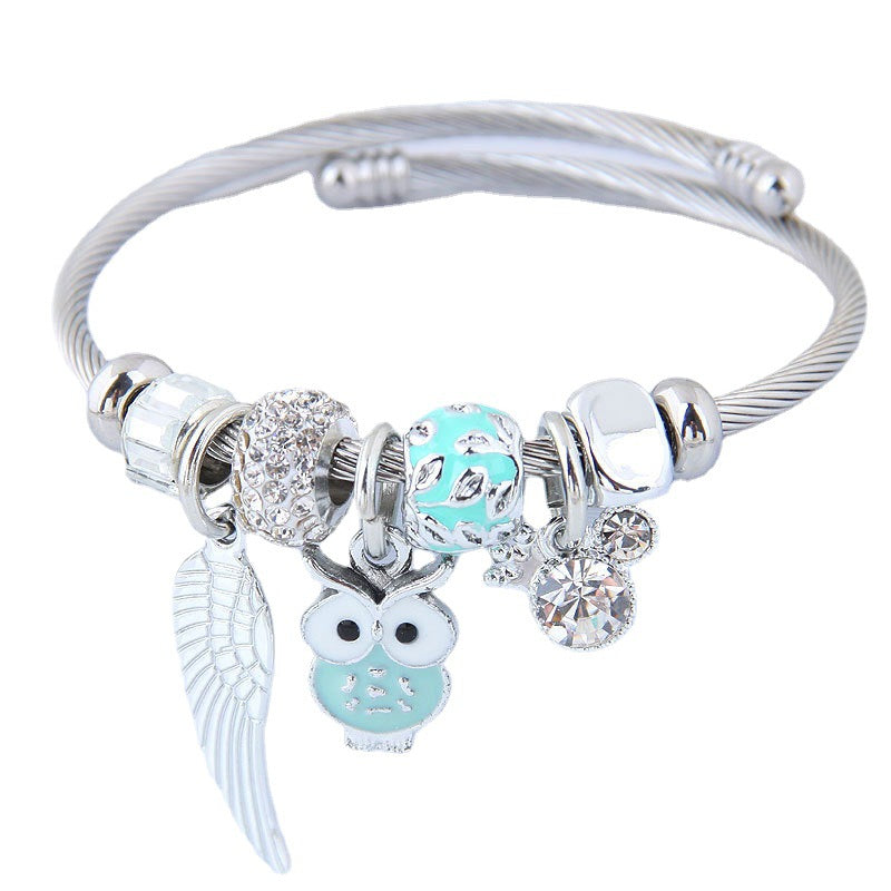 Bracelet Perlé Hibou Ailes D'ange Pendentif En Acier Inoxydable Bracelet