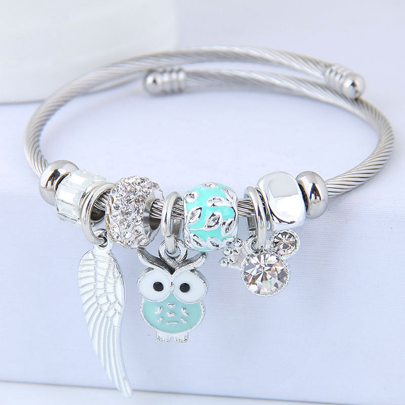 Bracelet Perlé Hibou Ailes D'ange Pendentif En Acier Inoxydable Bracelet
