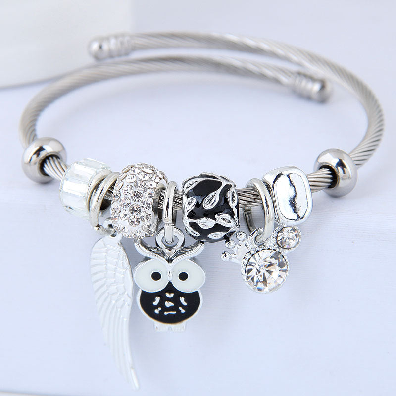 Bracelet Perlé Hibou Ailes D'ange Pendentif En Acier Inoxydable Bracelet