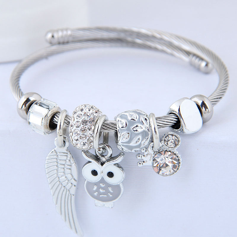 Bracelet Perlé Hibou Ailes D'ange Pendentif En Acier Inoxydable Bracelet