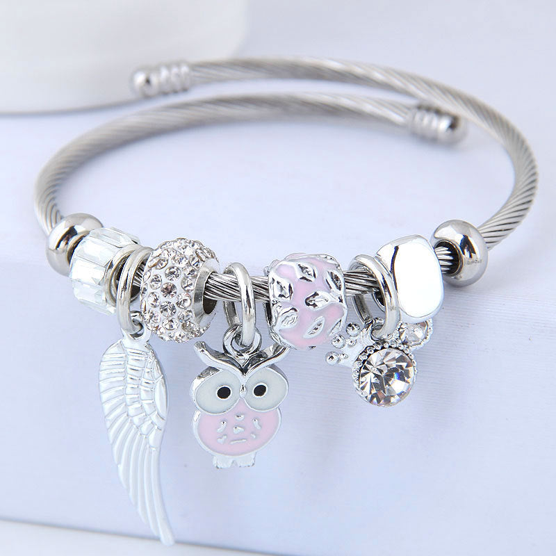Bracelet Perlé Hibou Ailes D'ange Pendentif En Acier Inoxydable Bracelet